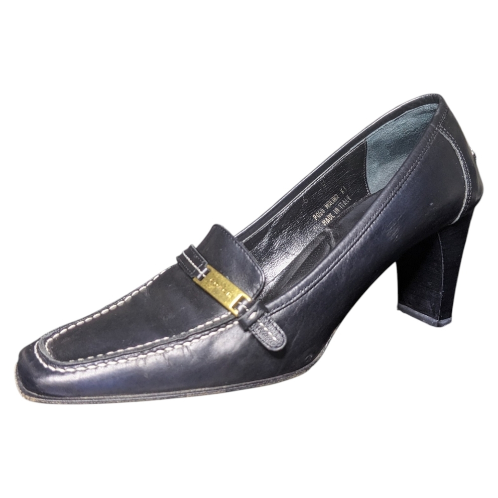 Malina Black Leather Buckle Heeled Loafers Made In Italy Women's Size 6